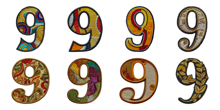 Embroidered number 9 collection with diverse patterns cut out png on transparent background