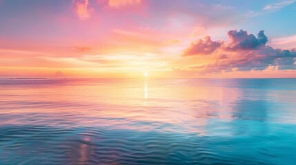 A tranquil coastal scene as the sun rises over the horizon, casting a golden reflection on the calm waters and painting the sky in hues of pink and orange.