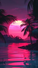 tropical paradise with neon pink sunset and palm tree silhouettes