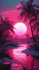 neon twilight over tropical river with vibrant pink reflections and palm silhouettes
