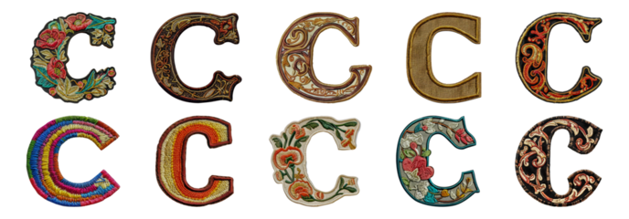 Embroidered letter C with diverse patterns and textures cut out png on transparent background