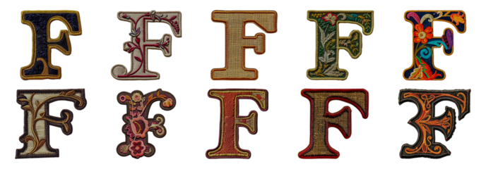 Embroidered letter F in various designs and colors cut out png on transparent background