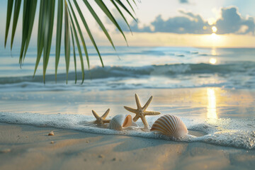 Fototapeta na wymiar Starfish and Shells Caressed by Sea Foam, Sunrise Peeking Through Palms