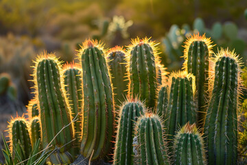 The sun rises over the desert, casting its golden light on the cactus spines. The cacti stand tall and proud, like sentinels guarding the land