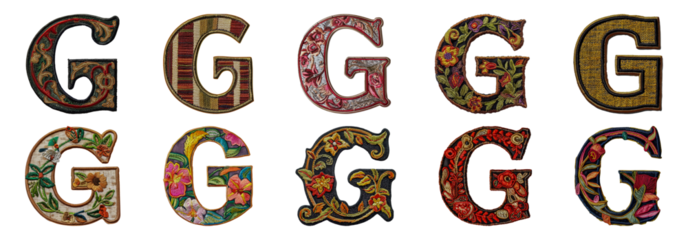 Colorful embroidered letter G collection in diverse styles cut out png on transparent background