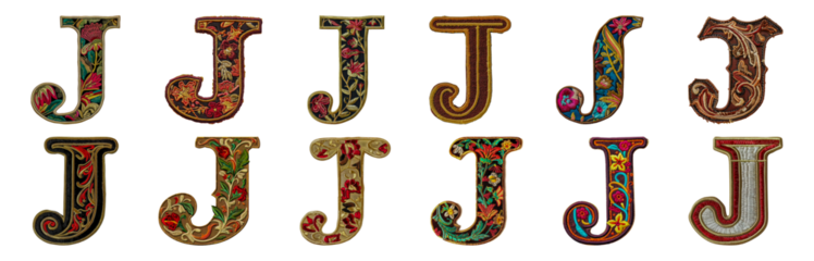 Diverse collection of embroidered letter J with floral patterns cut out png on transparent background