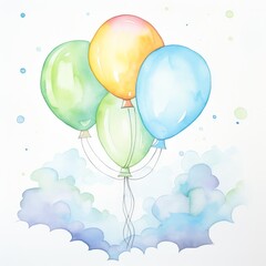 Four watercolor balloons floating above the clouds.