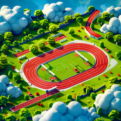 Aerial view of track in the middle of lush green field.