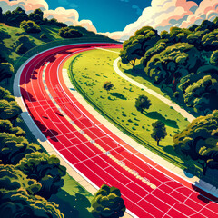 Painting of red track running through lush green field with trees.