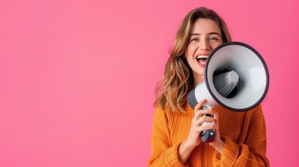 Obraz premium Joyful young woman in orange sweater holding a megaphone, against a pink background.
