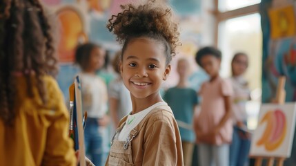 Smiling young girl with curly hair enjoying art class with peers in a colorful classroom.