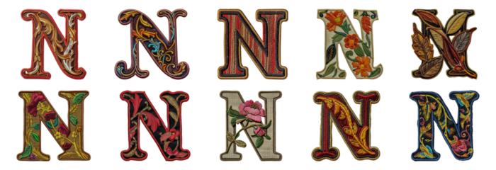 Artistic embroidered letter N variety with floral and golden elements cut out png on transparent background