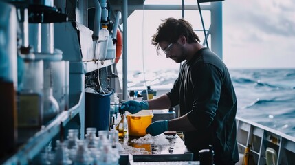 A marine scientist conducting experiments on a research vessel at sea