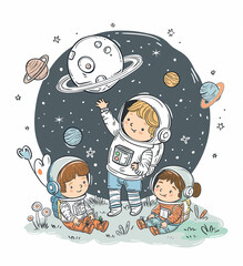 A Group of Children Dressed as Astronauts Exploring Outer Space. Flat Color Illustration on White Background, Clip Art for Kids