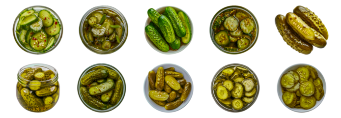 Assorted pickled cucumbers in bowls and jars cut out png on transparent background