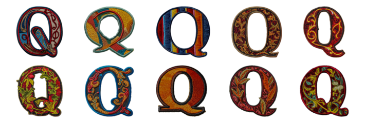 Vibrant collection of embroidered letter Q with ornate patterns and details cut out png on transparent background