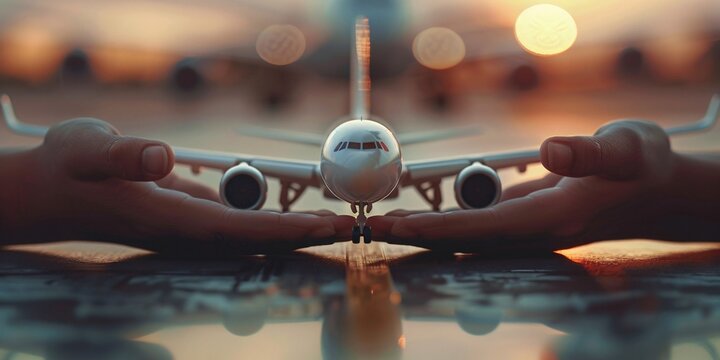 Aircraft on the tarmac and surrounded by hands. Idea of flight safety precaution security and coverage. - Powered by Adobe