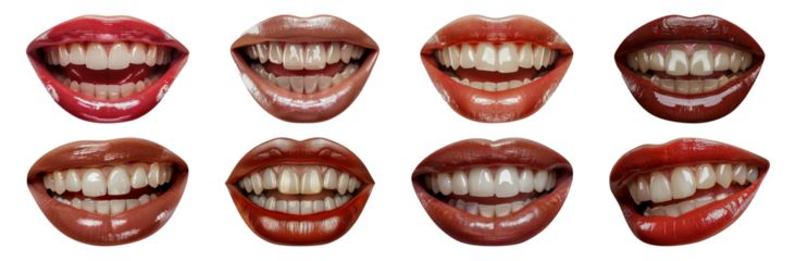Various lipstick shades on smiling mouths with healthy teeth cut out png on transparent background