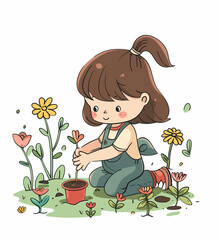 Obraz na płótnie Canvas A Little Girl Planting Flowers in Her Backyard, Flat Color Illustration on White Background, Clip Art for Kids
