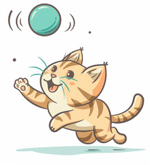 A Playful Kitten Chasing a Bouncing Ball, Flat Color Illustration on White Background, Clip Art for Kids