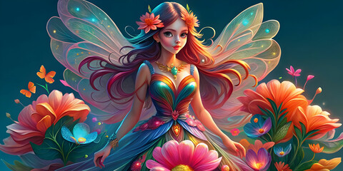 A beautiful fairy like girl in a colorful frock emerging from colorful flowers