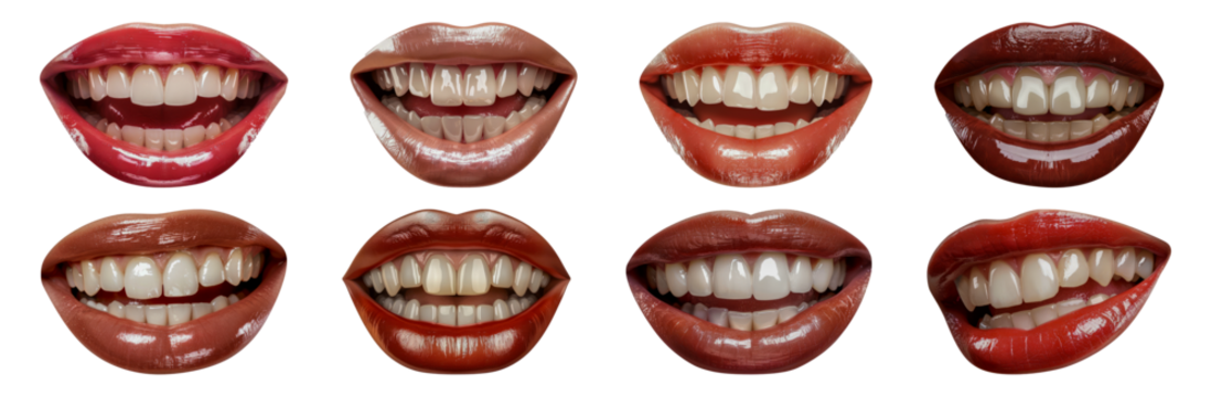 Various lipstick shades on smiling mouths with healthy teeth cut out png on transparent background