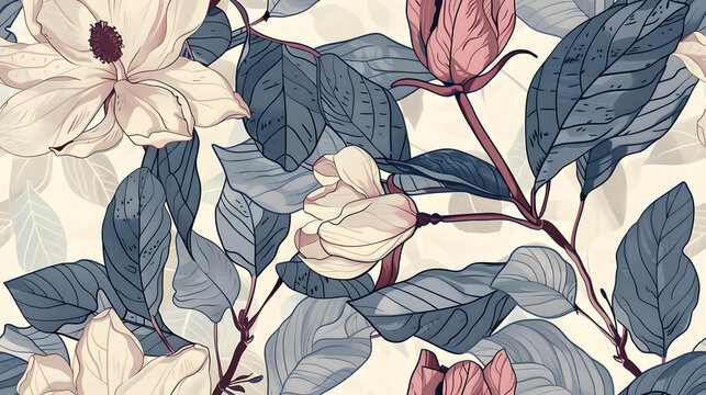 A sophisticated seamless pattern featuring botanical illustrations in muted tones of blues and pinks. Ideal for luxurious wallpaper or refined textile designs.