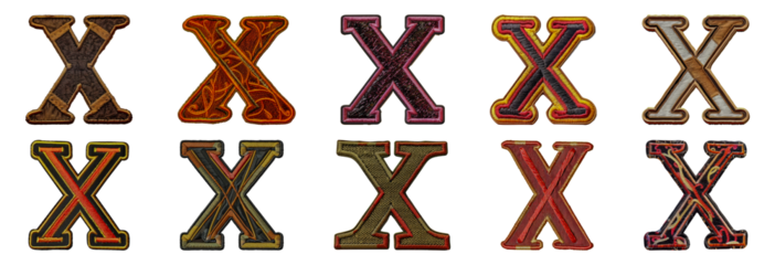 Decorative embroidered X letters with unique patterns cut out png on transparent background