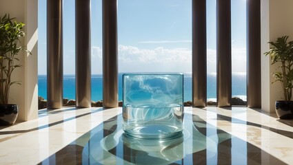 A photo of a glass cylinder filled with water sitting on a marble floor near an infinity pool with the ocean in the background.

