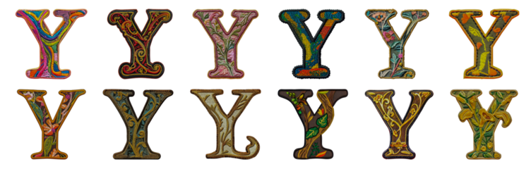 Collection of Y letter embroidery with colorful floral designs cut out png on transparent background