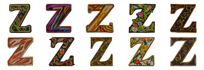 Embroidered letter Z selection with diverse floral and abstract patterns cut out png on transparent background