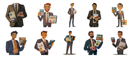 Cartoon business analysts with graphs and calculators showcasing financial data cut out png on transparent background