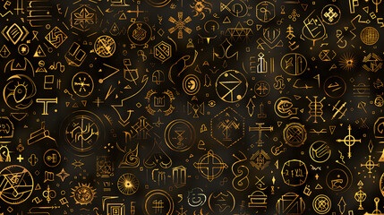 This seamless pattern features a collection of mystical and esoteric symbols in gold on a black background, ideal for themes of spirituality and mystery