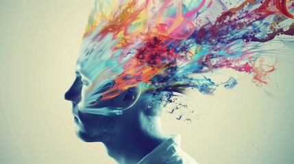 Abstract Portrait of Human Head Silhouette with Flowing Colorful Paint and Smoke Explosion, Symbol of Imagination, Creativity and Inspiration