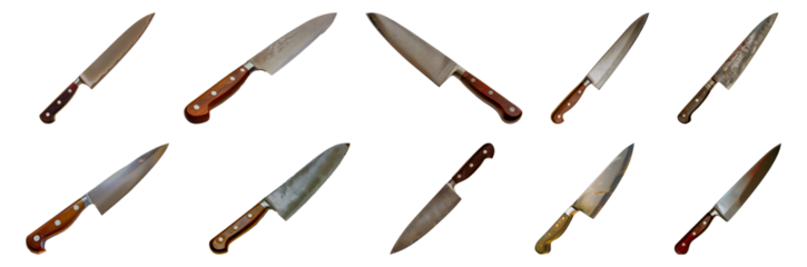 Assortment of kitchen knives with various blade textures cut out png on transparent background