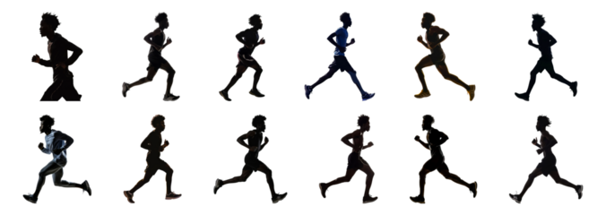 Silhouettes of runners in motion cut out png on transparent background