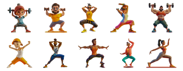 Cartoon fitness instructors demonstrating diverse workout poses cut out png on transparent background