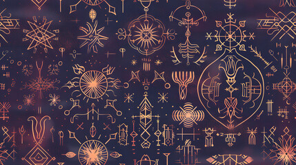 seamless pattern of cosmic and esoteric symbols illuminated in golden hues on a deep celestial background. It embodies themes of spirituality, astrology, and the mysteries of the universe. - obrazy, fototapety, plakaty