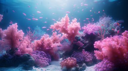 Underwater seascape with pink coral reef and swimming fish in a serene blue ocean.	