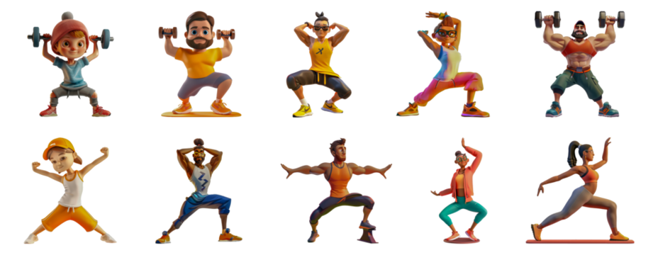 Cartoon fitness instructors demonstrating diverse workout poses cut out png on transparent background
