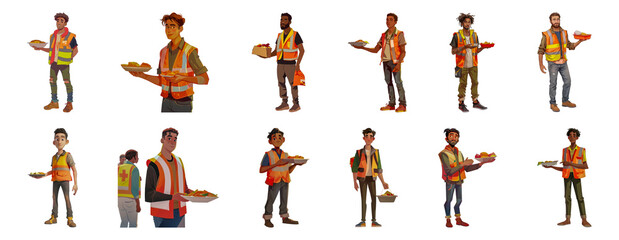 Volunteer animated characters in safety vests distributing food cut out png on transparent background