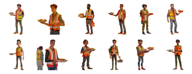Volunteer animated characters in safety vests distributing food cut out png on transparent background