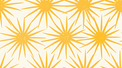 This cheerful image captures a seamless pattern of stylized sunbursts in warm yellow tones on a soft white background, perfect for sunny, optimistic design projects