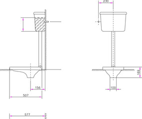 vector illustration design sketch drawing of a monoblock toilet with detailed size scale