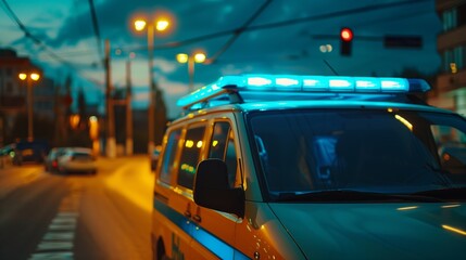 A blue-lit police car parked on a city street during twilight, creating a dramatic urban scene.