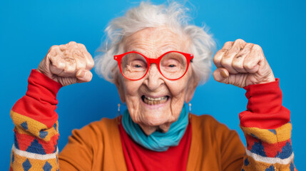 old woman with Pride: Chin lifted, chest swells, basking in accomplishments, triumphant aura - obrazy, fototapety, plakaty