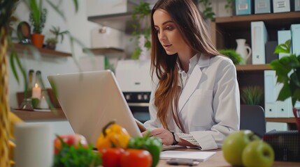 Focused young woman working on a laptop in a modern kitchen with fresh vegetables around.