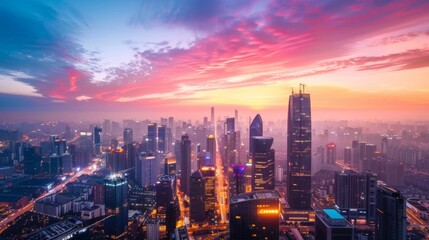 Fototapeta premium A vibrant sunrise over an urban skyline, illuminating skyscrapers and bustling streets