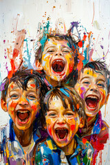 Painting of group of children with their mouths open and their faces covered in paint.