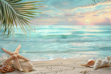Fototapeta na wymiar Idyllic Beach Scene with Starfish and Shells, Palm Frond Silhouette, Dawn's Early Light